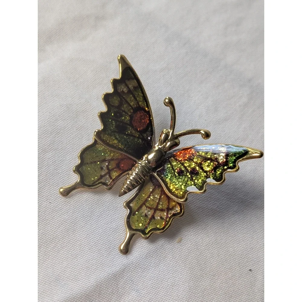 Vintage‎ Gold Tone Glitter Enamel Butterfly Brooch Pin Green Orange Whimsical